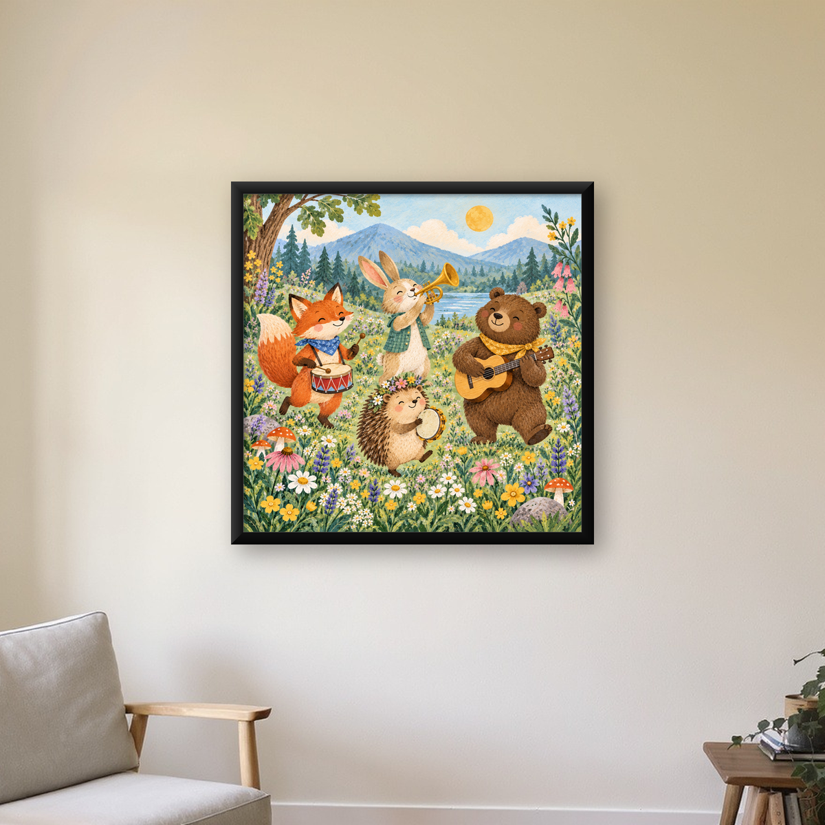 Orman Hayvanları Müzik Grubu Suluboya Çocuk Poster — Kare baskı, çerçeveli hâliyle bir ev duvarında