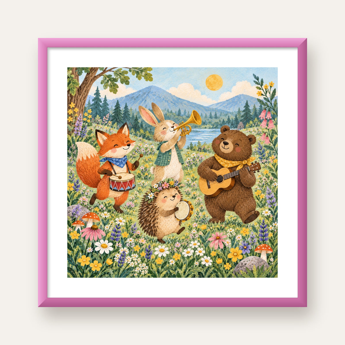 Orman Hayvanları Müzik Grubu Suluboya Çocuk Poster — pembe çerçeveli paspartulu