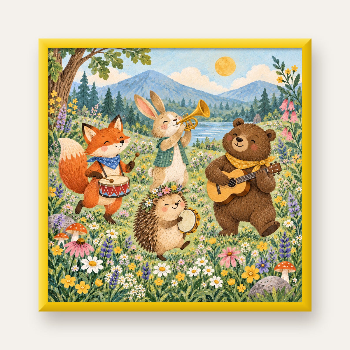 Orman Hayvanları Müzik Grubu Suluboya Çocuk Poster — sarı çerçeveli