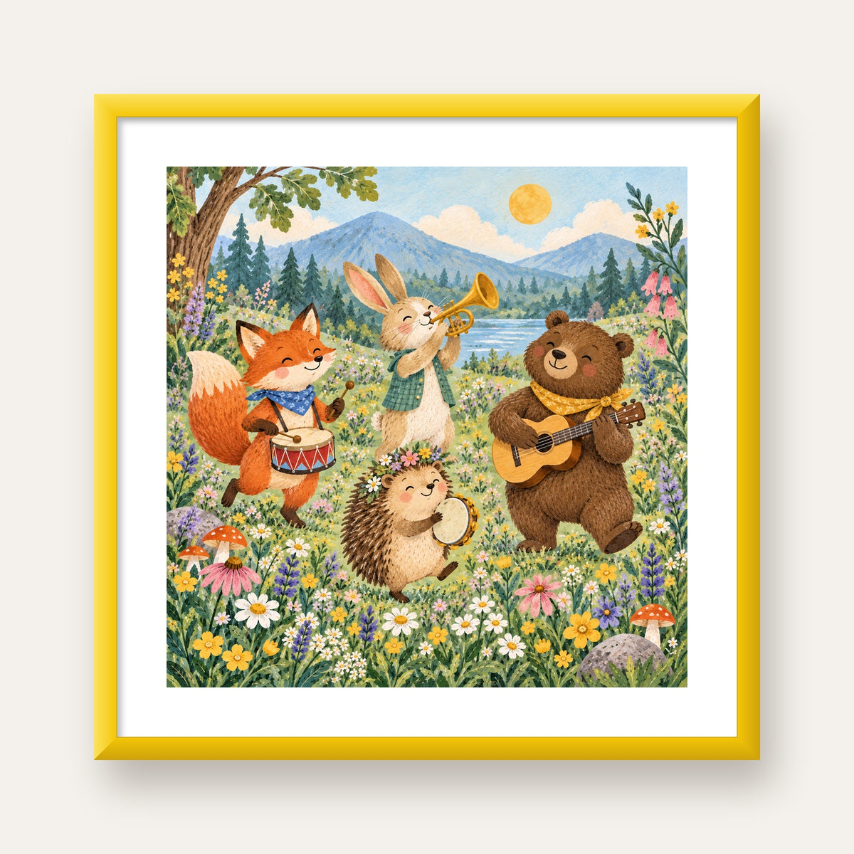 Orman Hayvanları Müzik Grubu Suluboya Çocuk Poster — sarı çerçeveli paspartulu
