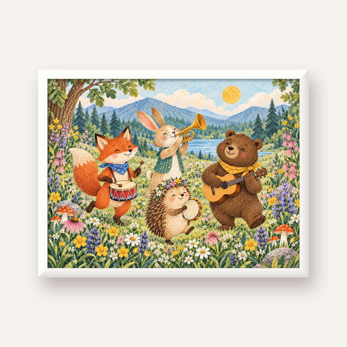 Orman Hayvanları Müzik Grubu Suluboya Çocuk Poster — beyaz çerçeveli yatay poster