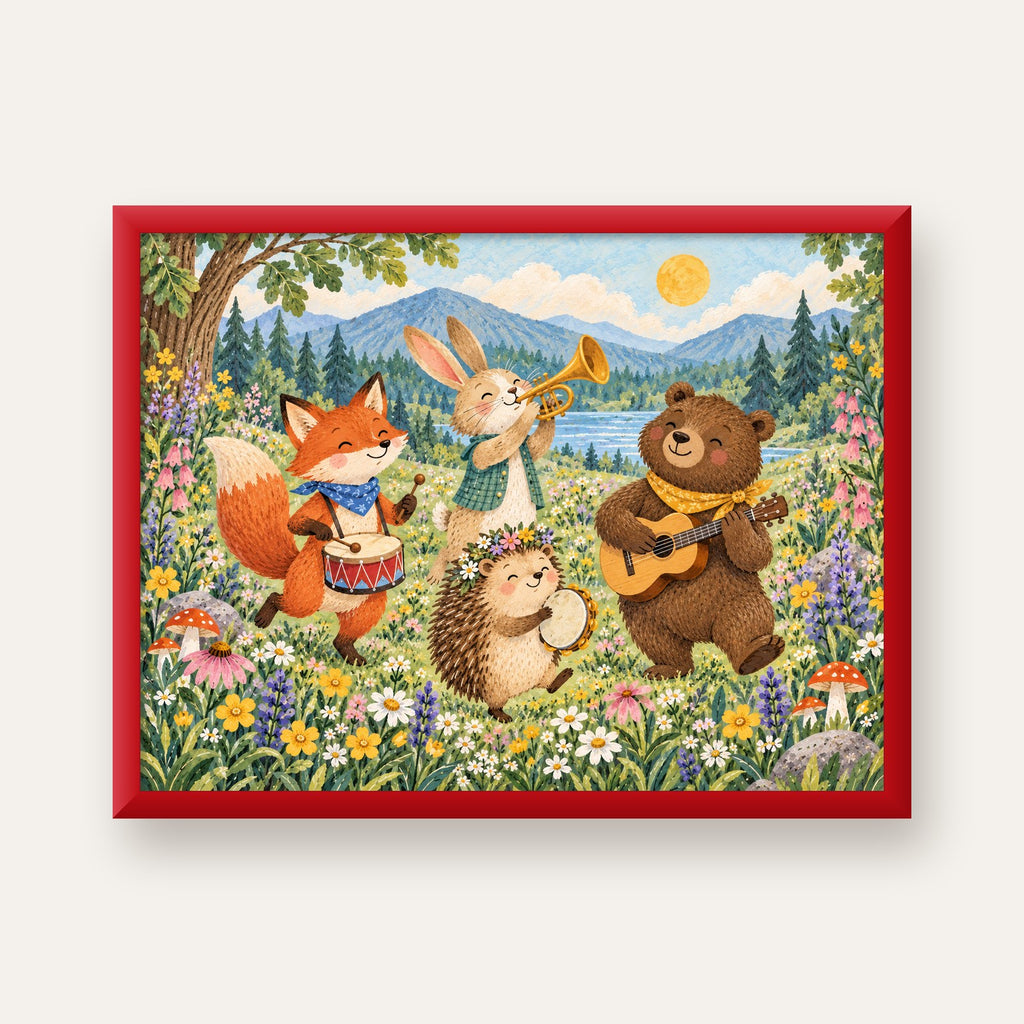 Orman Hayvanları Müzik Grubu Suluboya Çocuk Poster — kırmızı çerçeveli