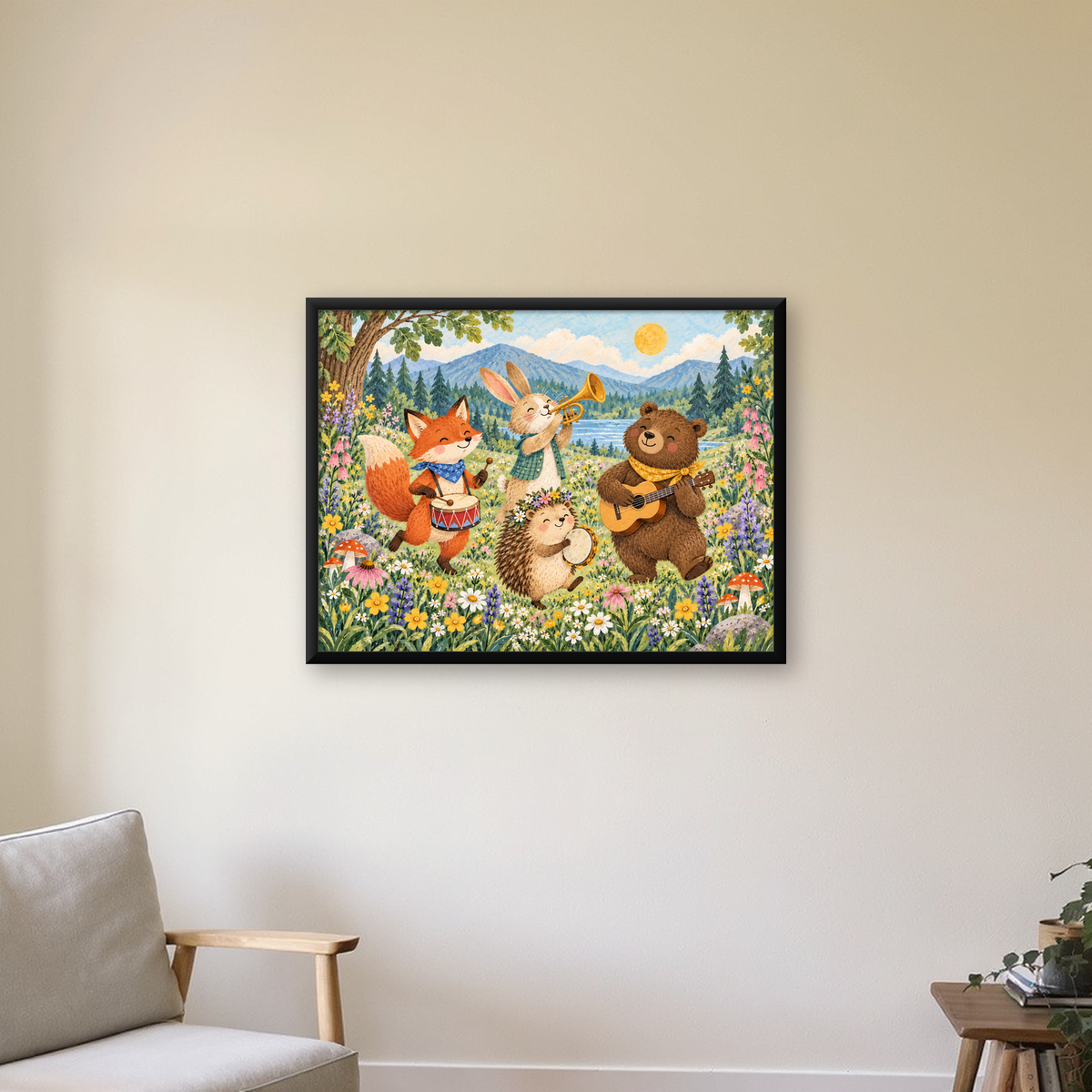 Orman Hayvanları Müzik Grubu Suluboya Çocuk Poster — Yatay baskı, çerçeveli hâliyle bir ev duvarında