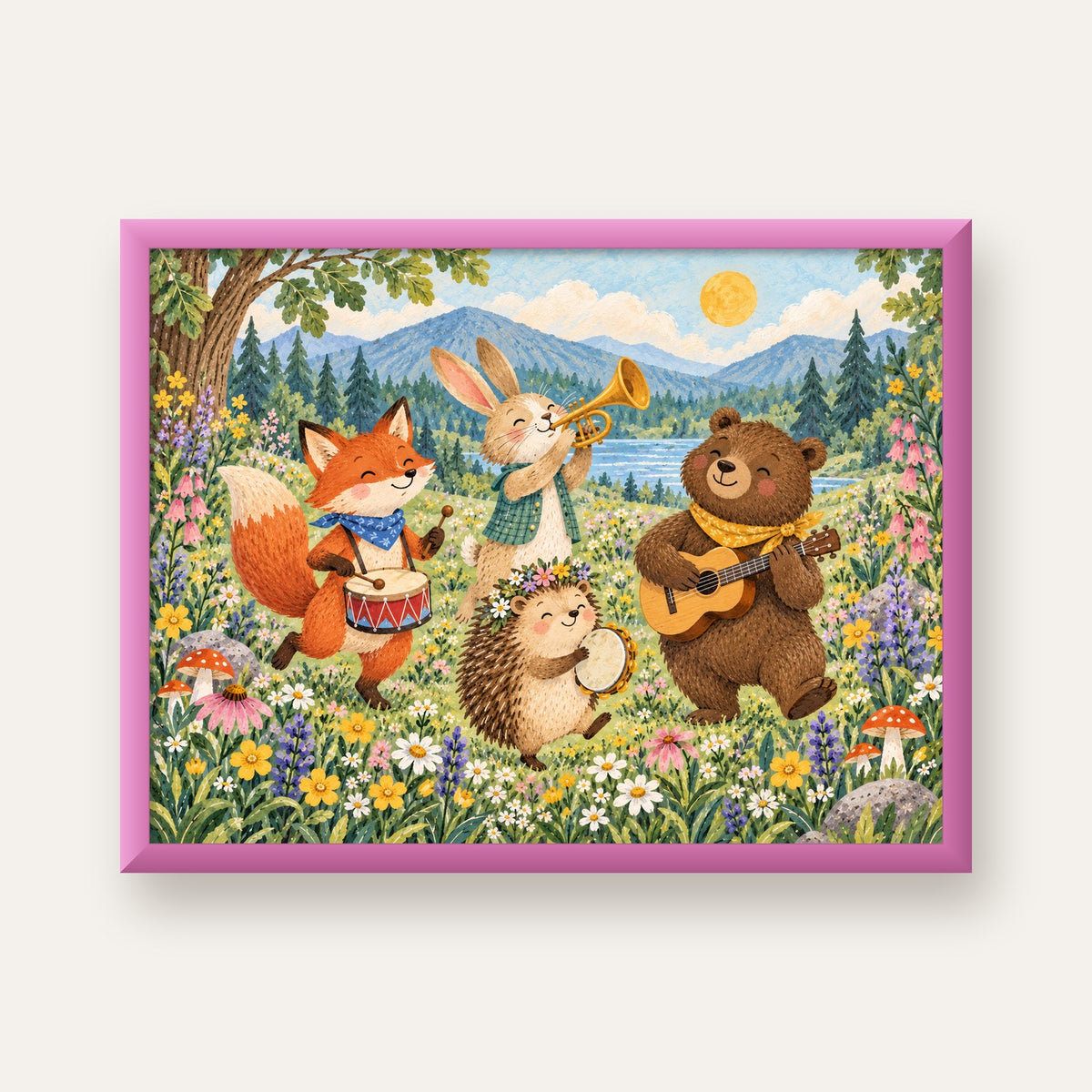 Orman Hayvanları Müzik Grubu Suluboya Çocuk Poster — pembe çerçeveli