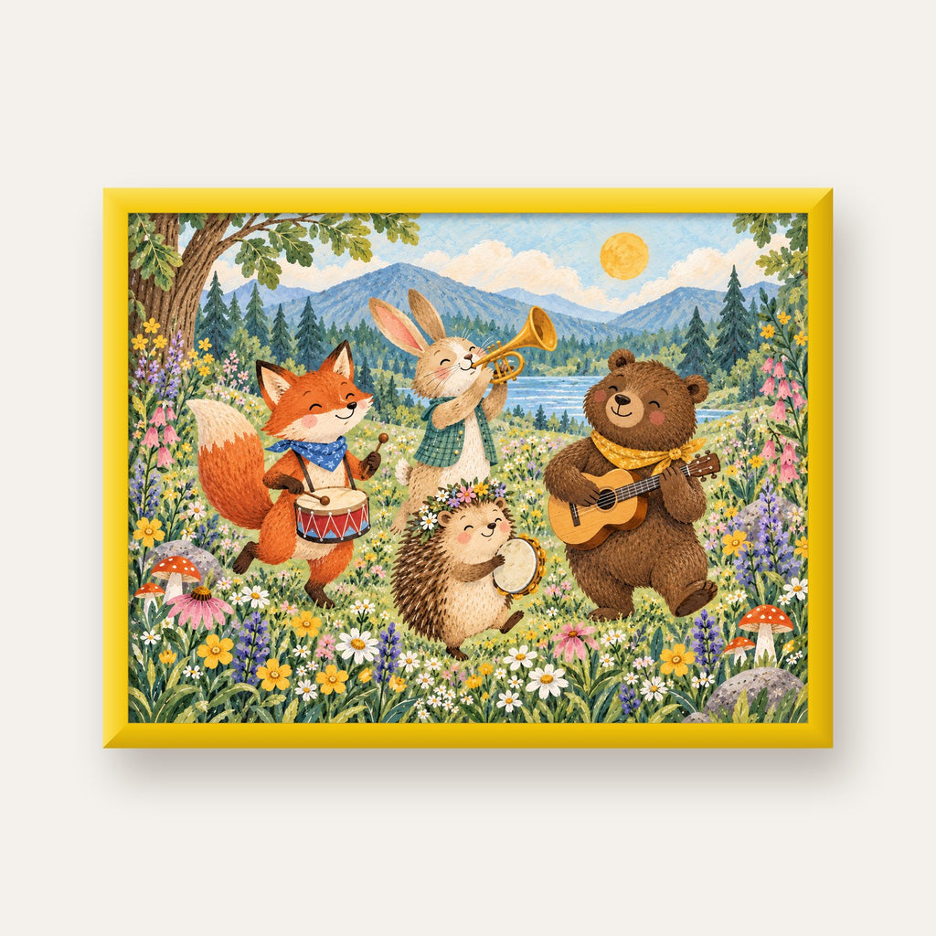 Orman Hayvanları Müzik Grubu Suluboya Çocuk Poster — sarı çerçeveli