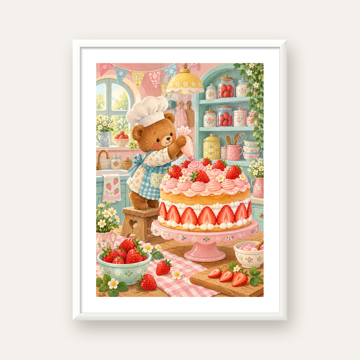 Sevimli Ayıcık ve Çilekli Pasta Vintage Poster Duvar Dekoru — beyaz çerçeveli dikey poster
