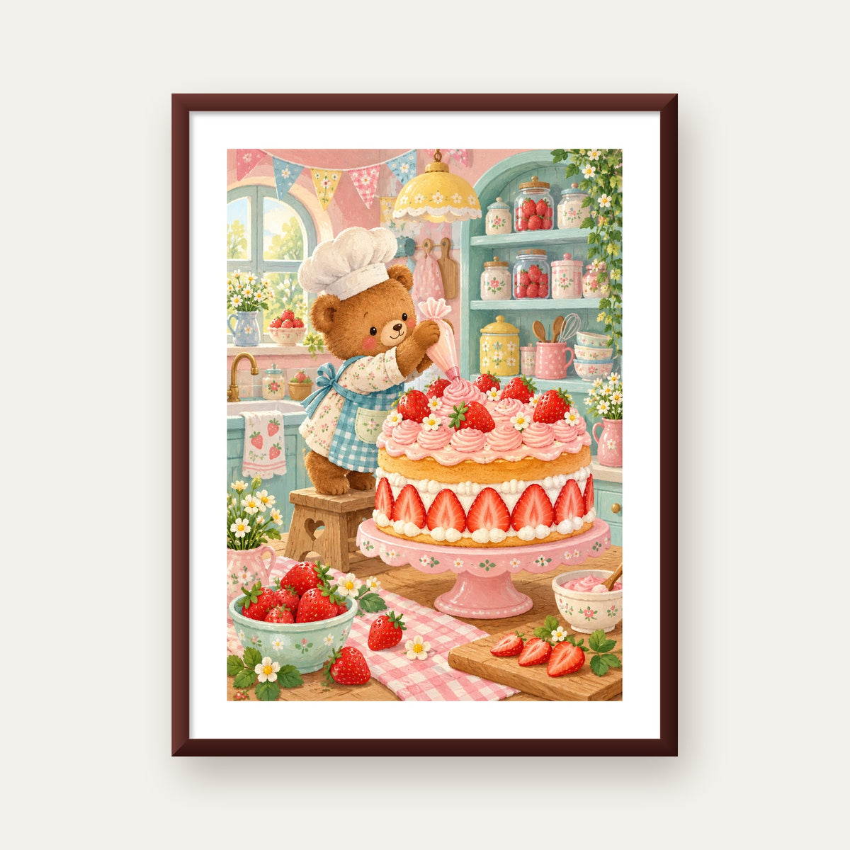 Sevimli Ayıcık ve Çilekli Pasta Vintage Poster Duvar Dekoru — ceviz çerçeveli paspartulu