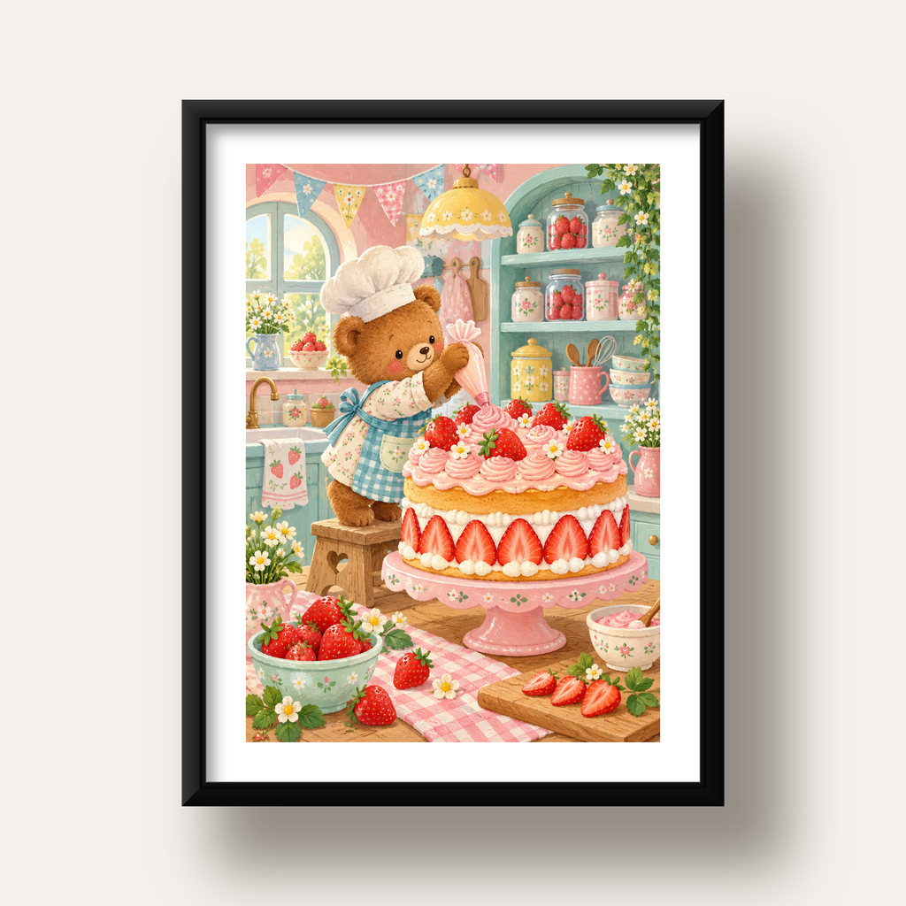 Sevimli Ayıcık ve Çilekli Pasta Vintage Poster Duvar Dekoru — siyah derin çerçeveli paspartulu