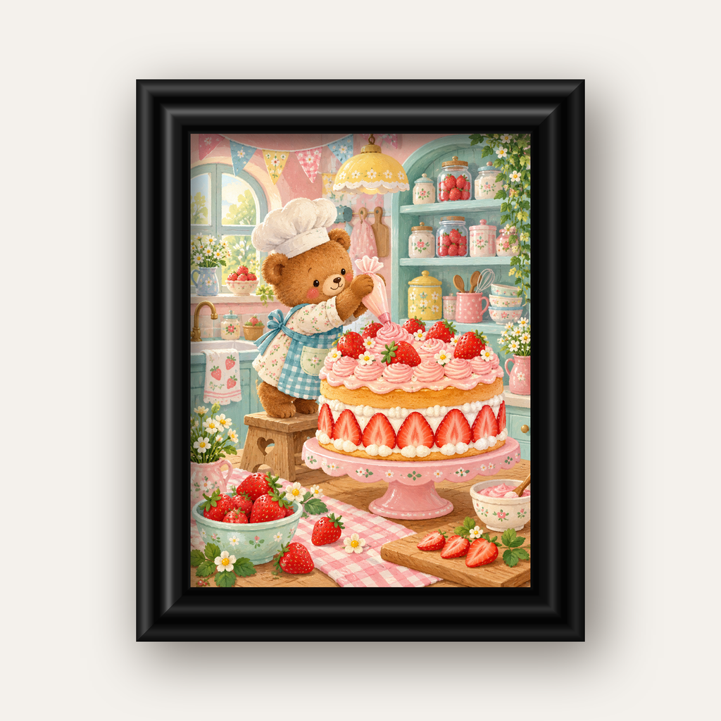 Sevimli Ayıcık ve Çilekli Pasta Vintage Poster Duvar Dekoru — siyah galeri çerçeveli