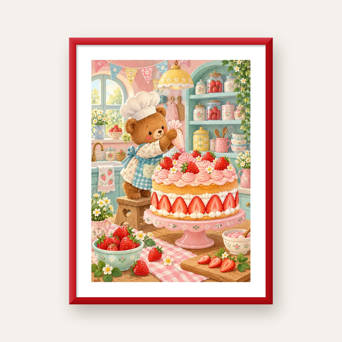 Sevimli Ayıcık ve Çilekli Pasta Vintage Poster Duvar Dekoru — kırmızı çerçeveli paspartulu