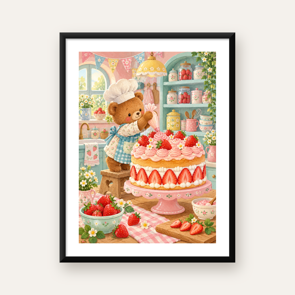 Sevimli Ayıcık ve Çilekli Pasta Vintage Poster Duvar Dekoru — Dikey baskı, beyaz paspartulu