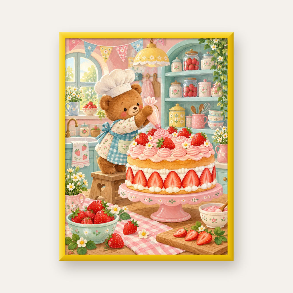 Sevimli Ayıcık ve Çilekli Pasta Vintage Poster Duvar Dekoru — sarı çerçeveli