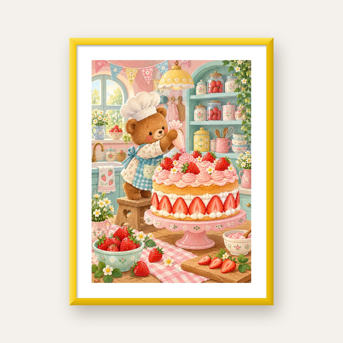 Sevimli Ayıcık ve Çilekli Pasta Vintage Poster Duvar Dekoru — sarı çerçeveli paspartulu