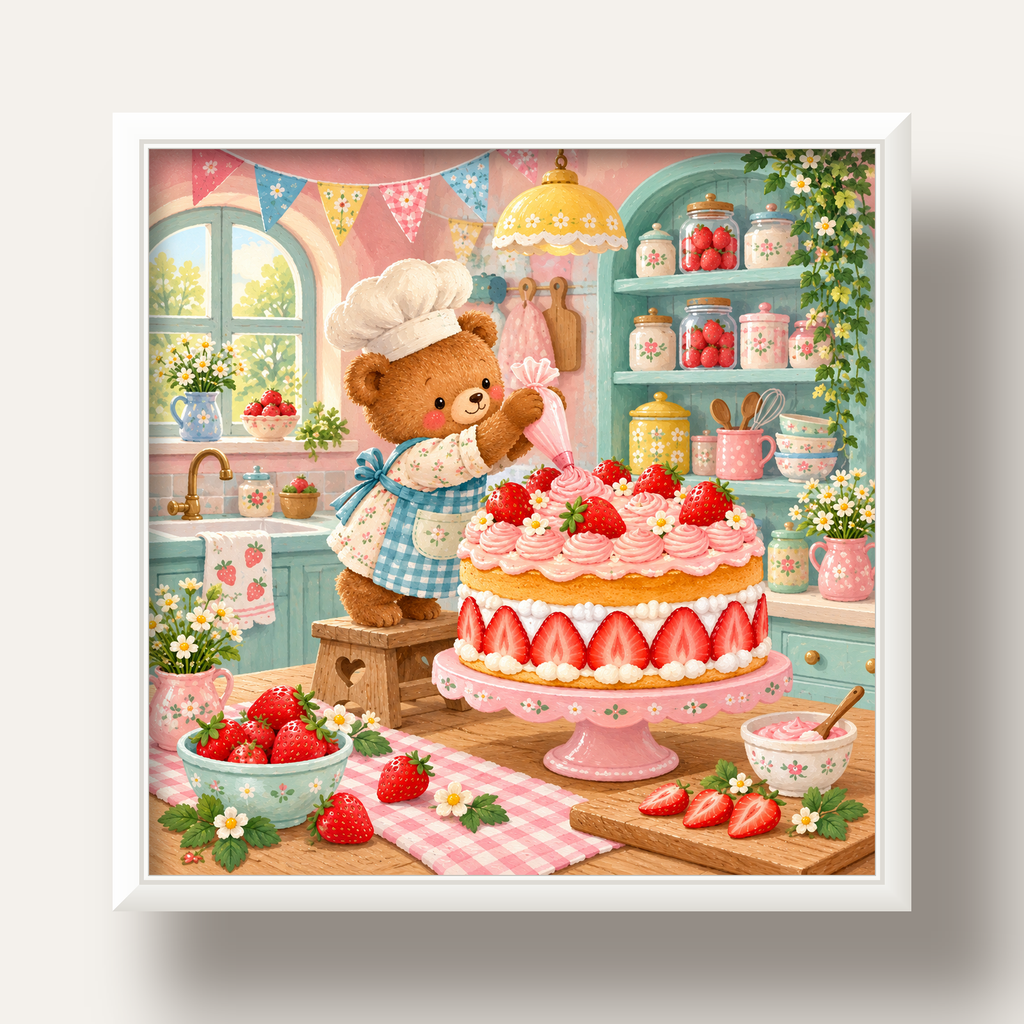 Sevimli Ayıcık ve Çilekli Pasta Vintage Poster Duvar Dekoru — beyaz derin çerçeveli