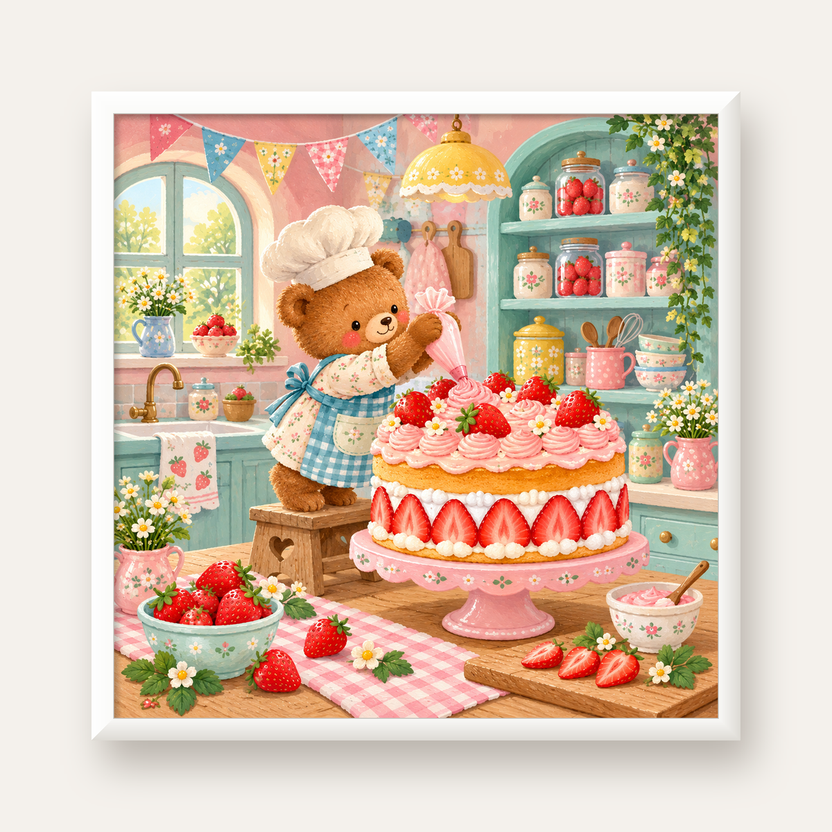 Sevimli Ayıcık ve Çilekli Pasta Vintage Poster Duvar Dekoru — beyaz çerçeveli kare poster