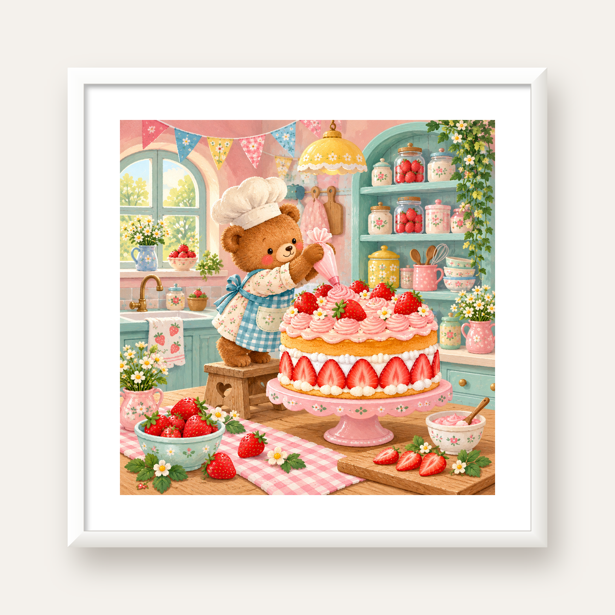 Sevimli Ayıcık ve Çilekli Pasta Vintage Poster Duvar Dekoru — beyaz çerçeveli kare poster