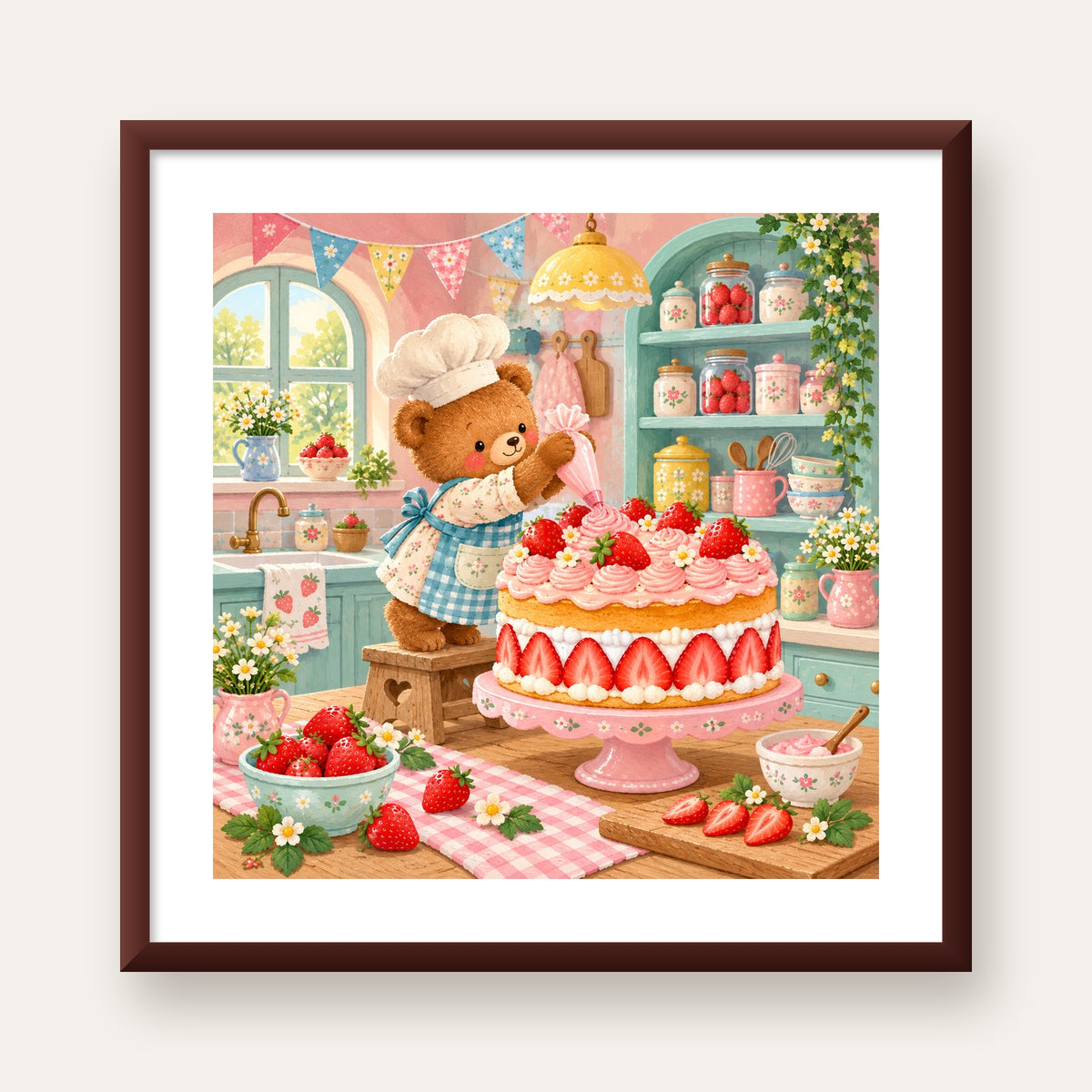 Sevimli Ayıcık ve Çilekli Pasta Vintage Poster Duvar Dekoru — ceviz çerçeveli paspartulu