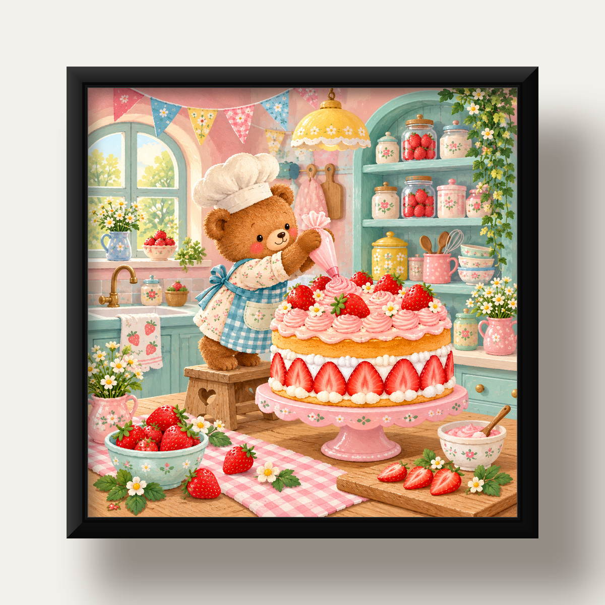 Sevimli Ayıcık ve Çilekli Pasta Vintage Poster Duvar Dekoru — siyah derin çerçeveli