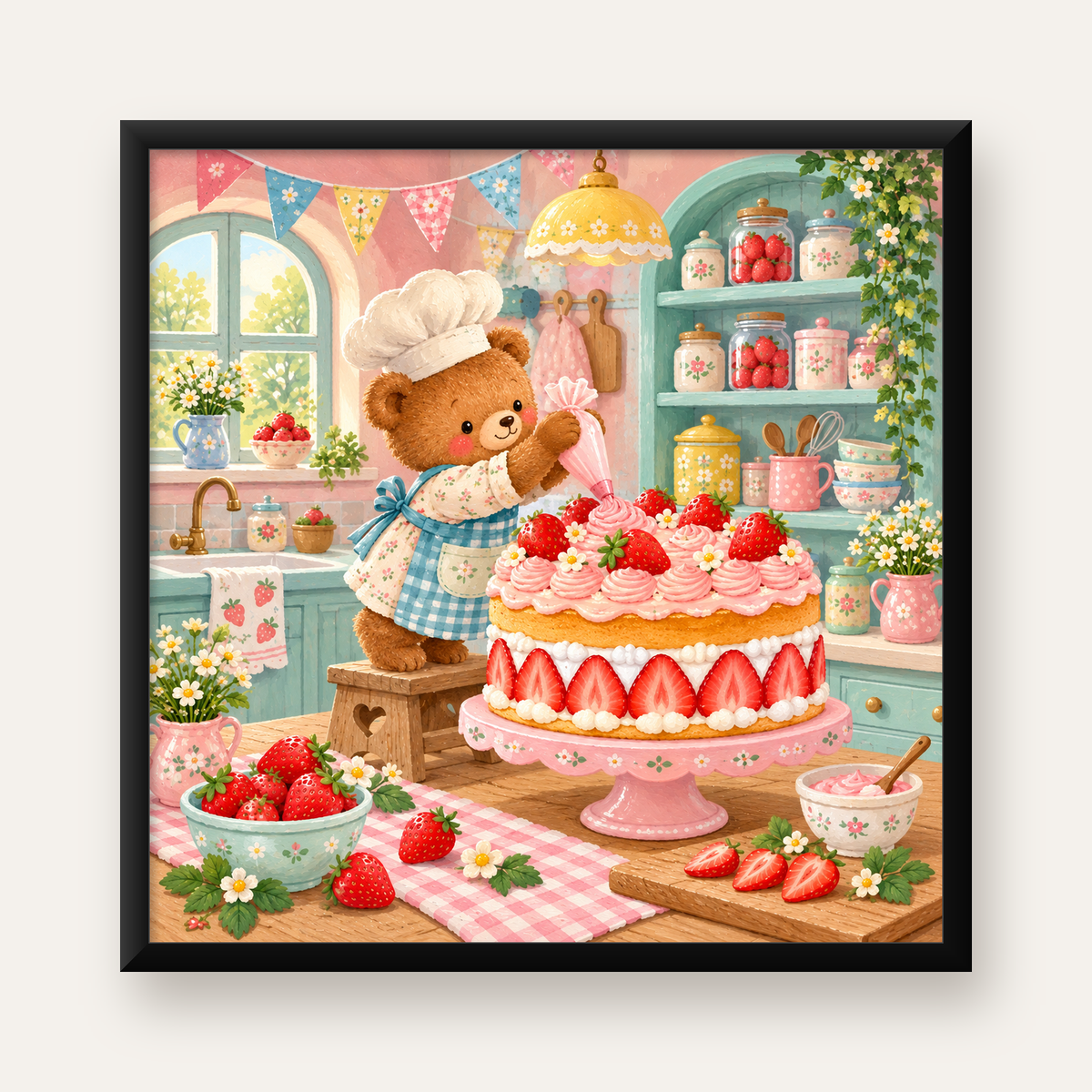 Sevimli Ayıcık ve Çilekli Pasta Vintage Poster Duvar Dekoru — Kare baskı, düz siyah çerçeveli duvar posteri