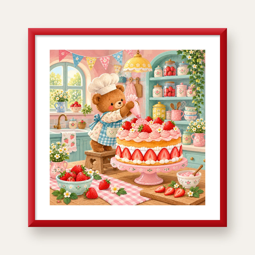 Sevimli Ayıcık ve Çilekli Pasta Vintage Poster Duvar Dekoru — kırmızı çerçeveli paspartulu