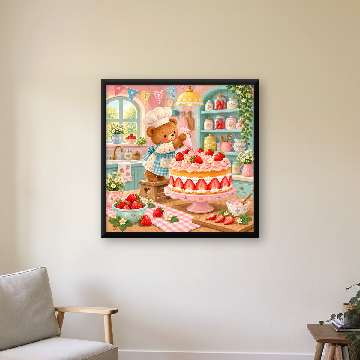 Sevimli Ayıcık ve Çilekli Pasta Vintage Poster Duvar Dekoru — Kare baskı, çerçeveli hâliyle bir ev duvarında
