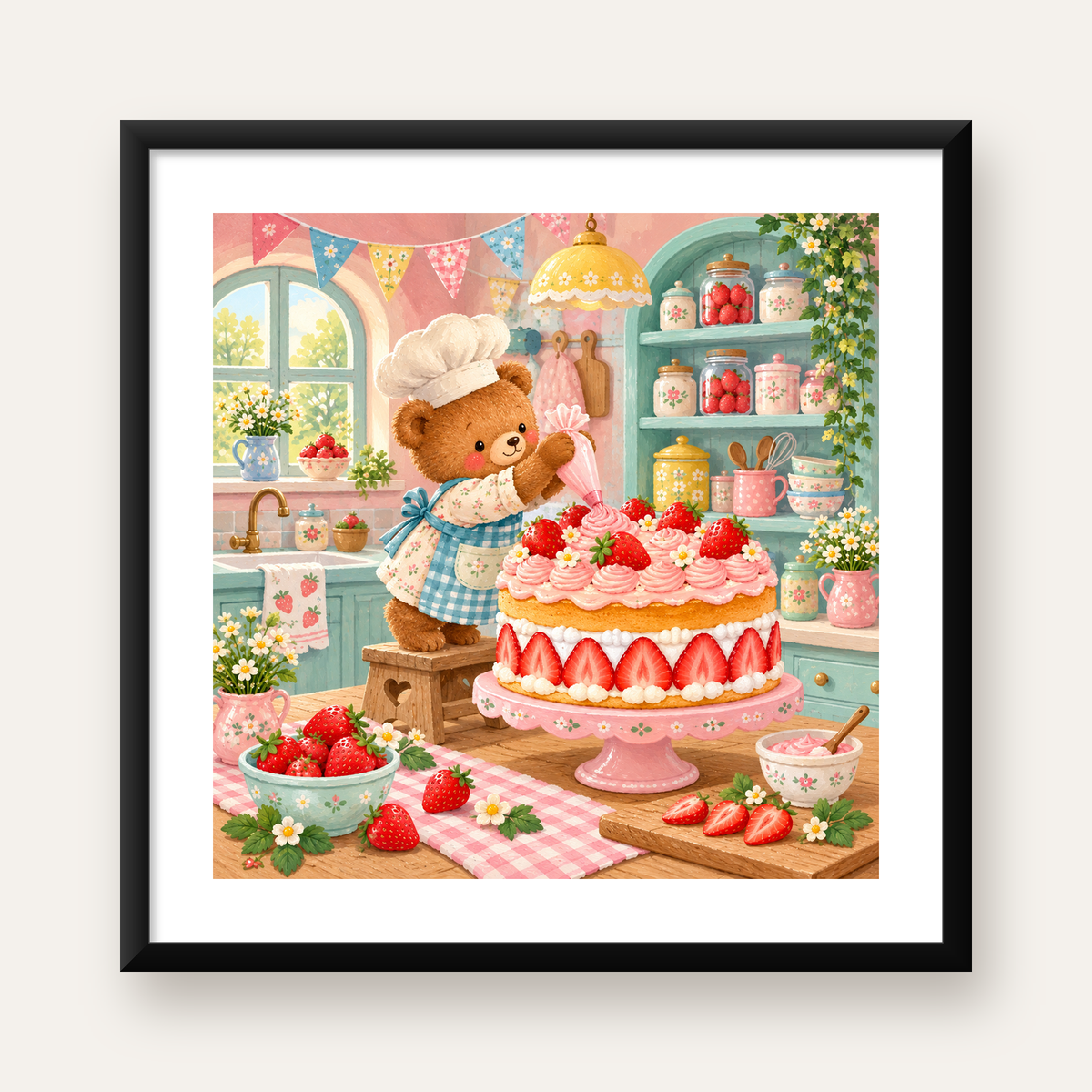 Sevimli Ayıcık ve Çilekli Pasta Vintage Poster Duvar Dekoru — Kare baskı, beyaz paspartulu