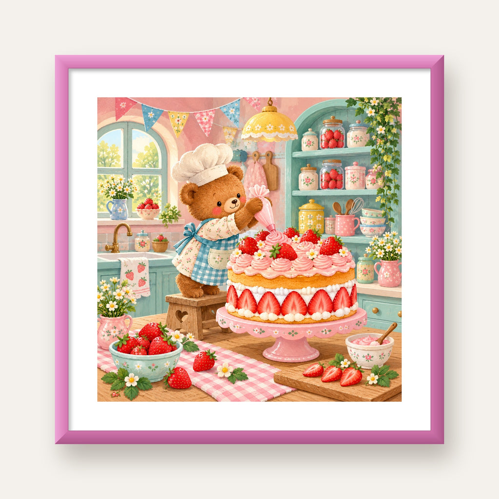 Sevimli Ayıcık ve Çilekli Pasta Vintage Poster Duvar Dekoru — pembe çerçeveli paspartulu
