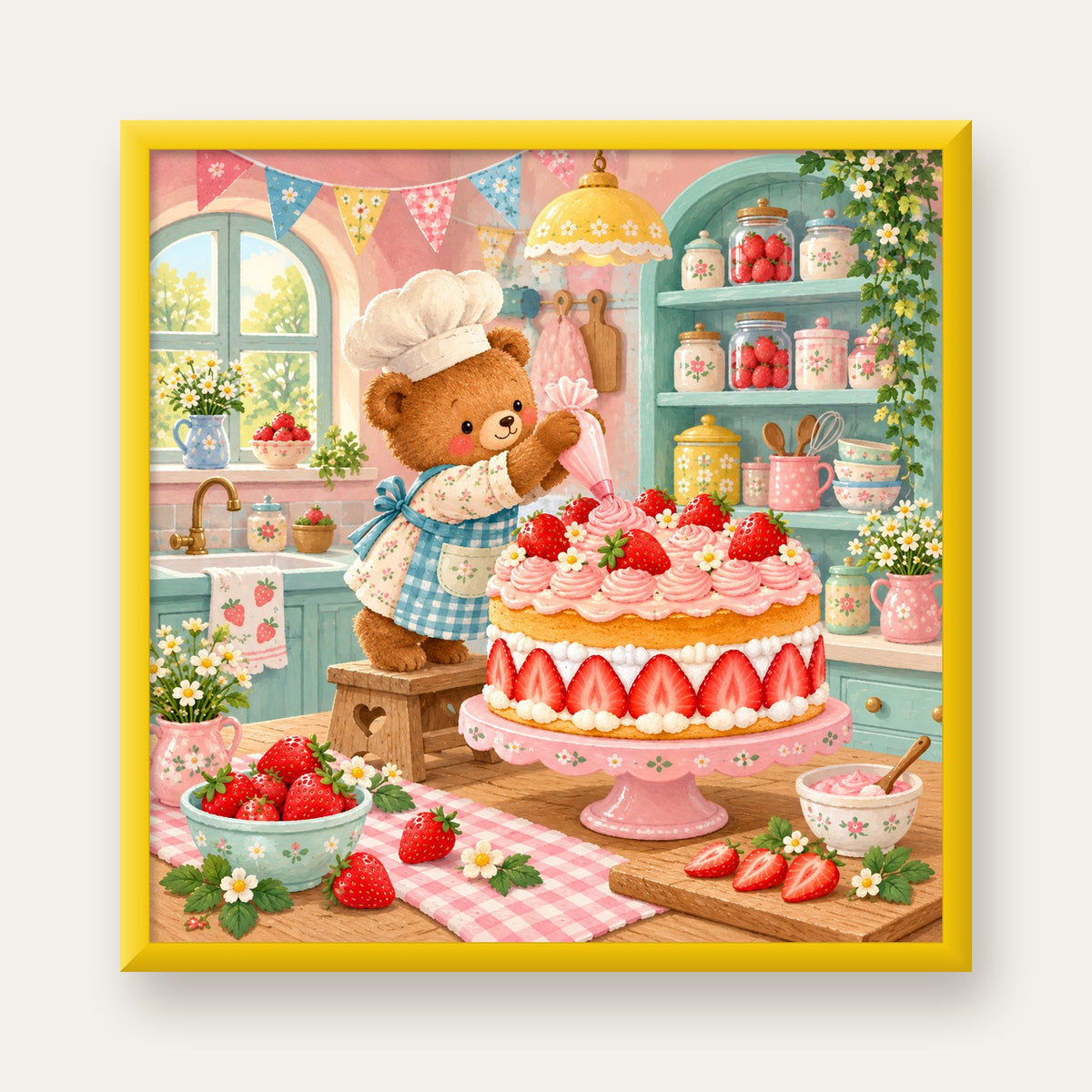 Sevimli Ayıcık ve Çilekli Pasta Vintage Poster Duvar Dekoru — sarı çerçeveli