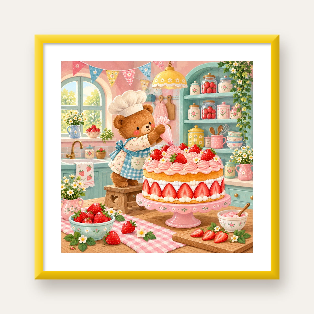 Sevimli Ayıcık ve Çilekli Pasta Vintage Poster Duvar Dekoru — sarı çerçeveli paspartulu