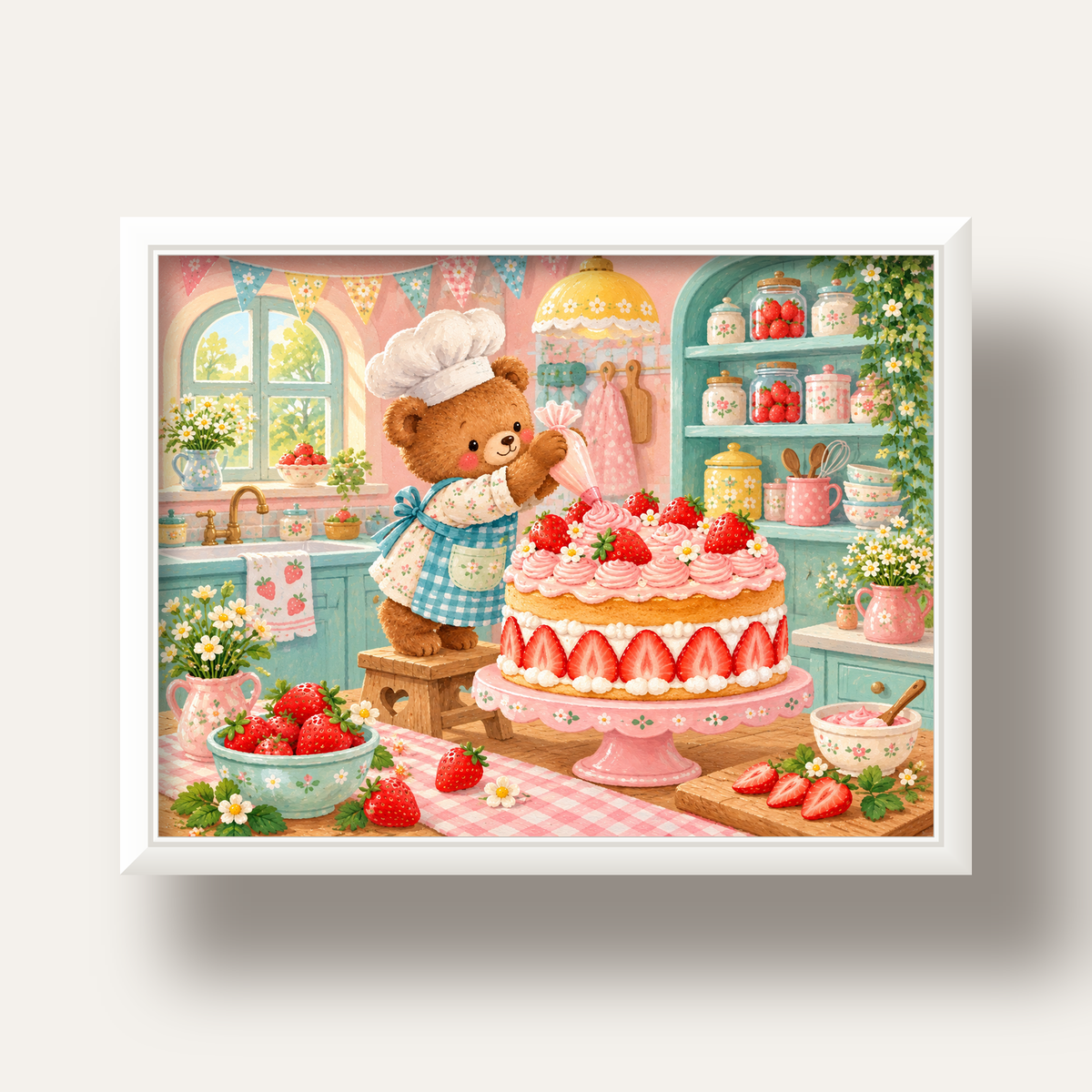 Sevimli Ayıcık ve Çilekli Pasta Vintage Poster Duvar Dekoru — beyaz derin çerçeveli