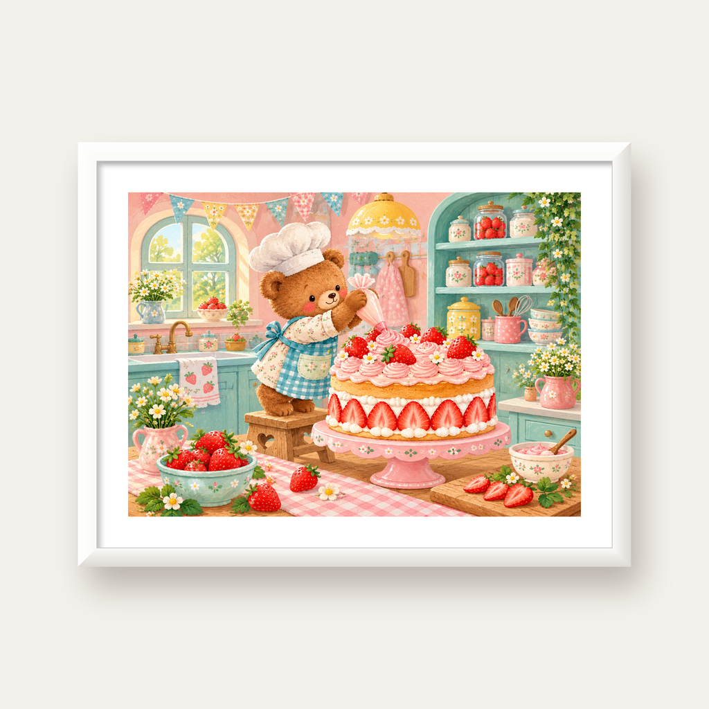 Sevimli Ayıcık ve Çilekli Pasta Vintage Poster Duvar Dekoru — beyaz çerçeveli yatay poster