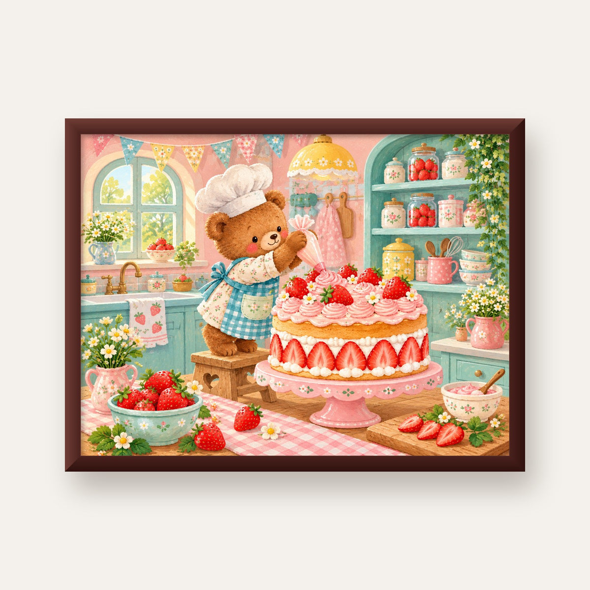 Sevimli Ayıcık ve Çilekli Pasta Vintage Poster Duvar Dekoru — ceviz çerçeveli