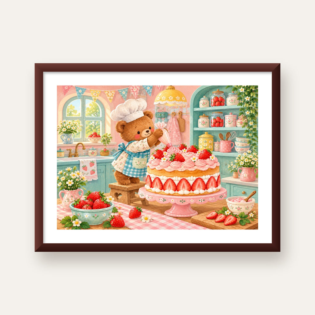 Sevimli Ayıcık ve Çilekli Pasta Vintage Poster Duvar Dekoru — ceviz çerçeveli paspartulu