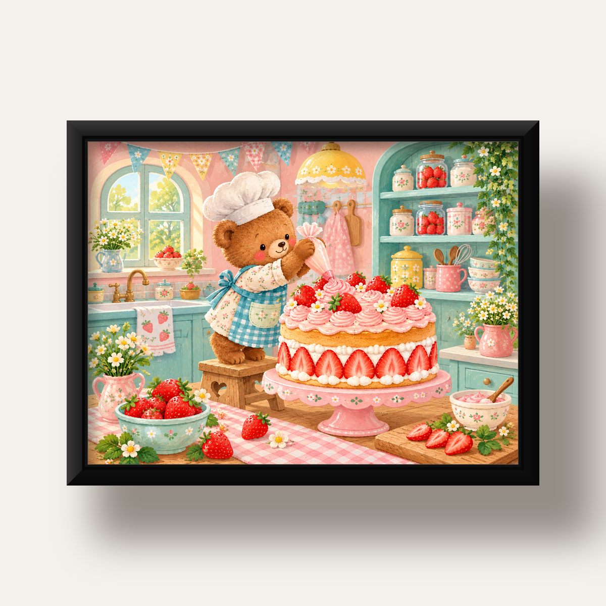 Sevimli Ayıcık ve Çilekli Pasta Vintage Poster Duvar Dekoru — siyah derin çerçeveli