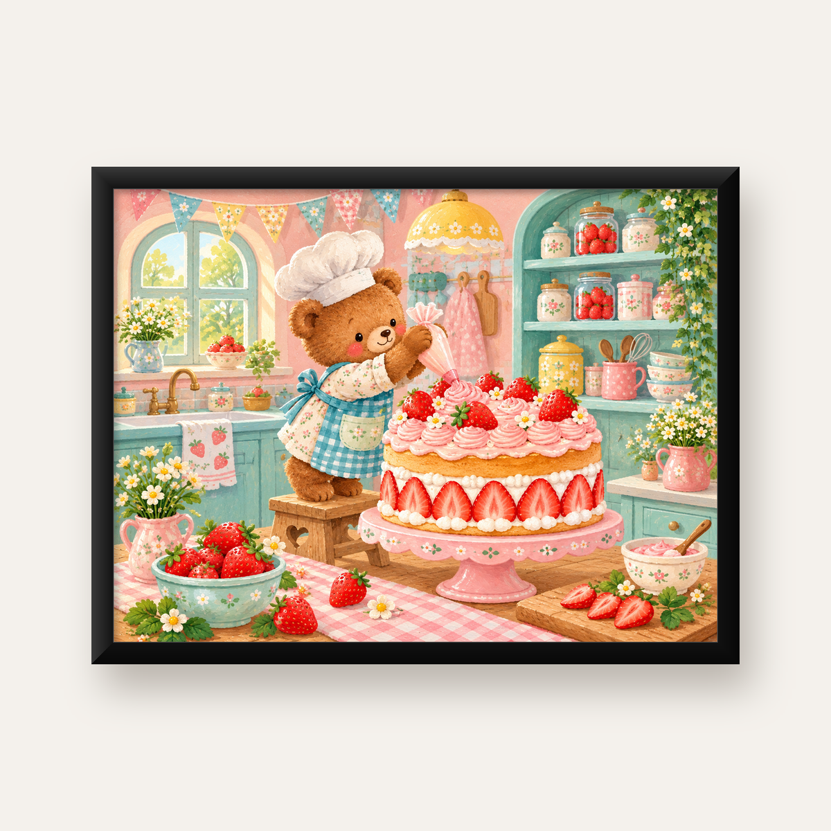 Sevimli Ayıcık ve Çilekli Pasta Vintage Poster Duvar Dekoru — Yatay baskı, düz siyah çerçeveli duvar posteri