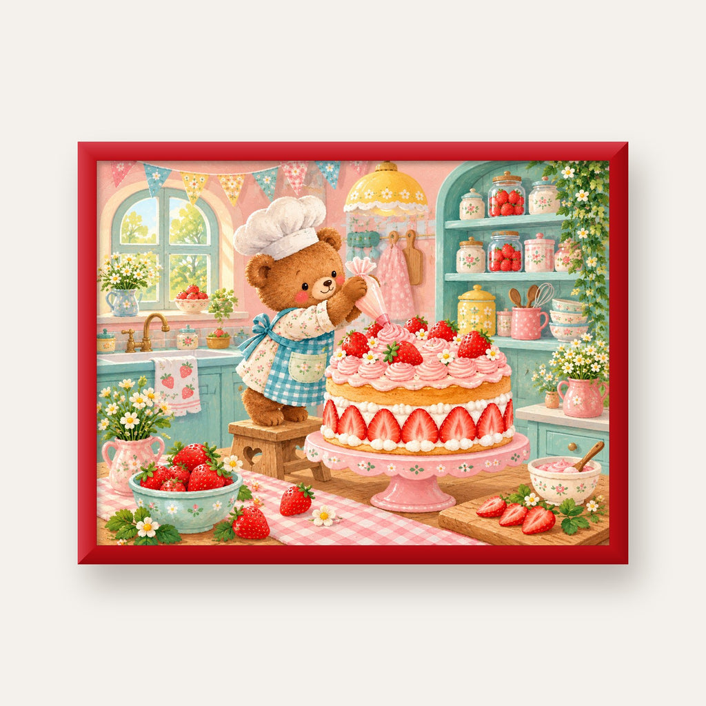 Sevimli Ayıcık ve Çilekli Pasta Vintage Poster Duvar Dekoru — kırmızı çerçeveli