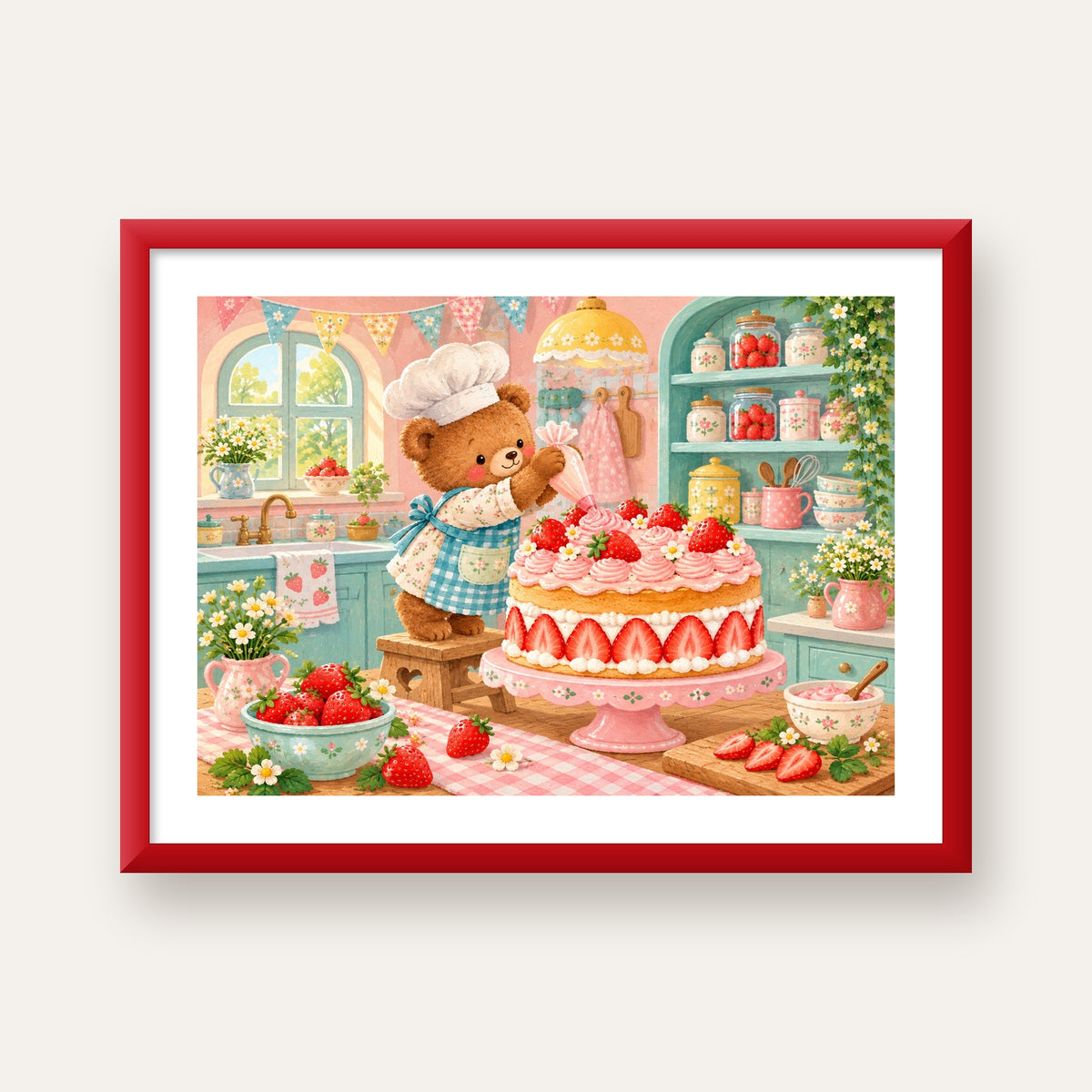 Sevimli Ayıcık ve Çilekli Pasta Vintage Poster Duvar Dekoru — kırmızı çerçeveli paspartulu