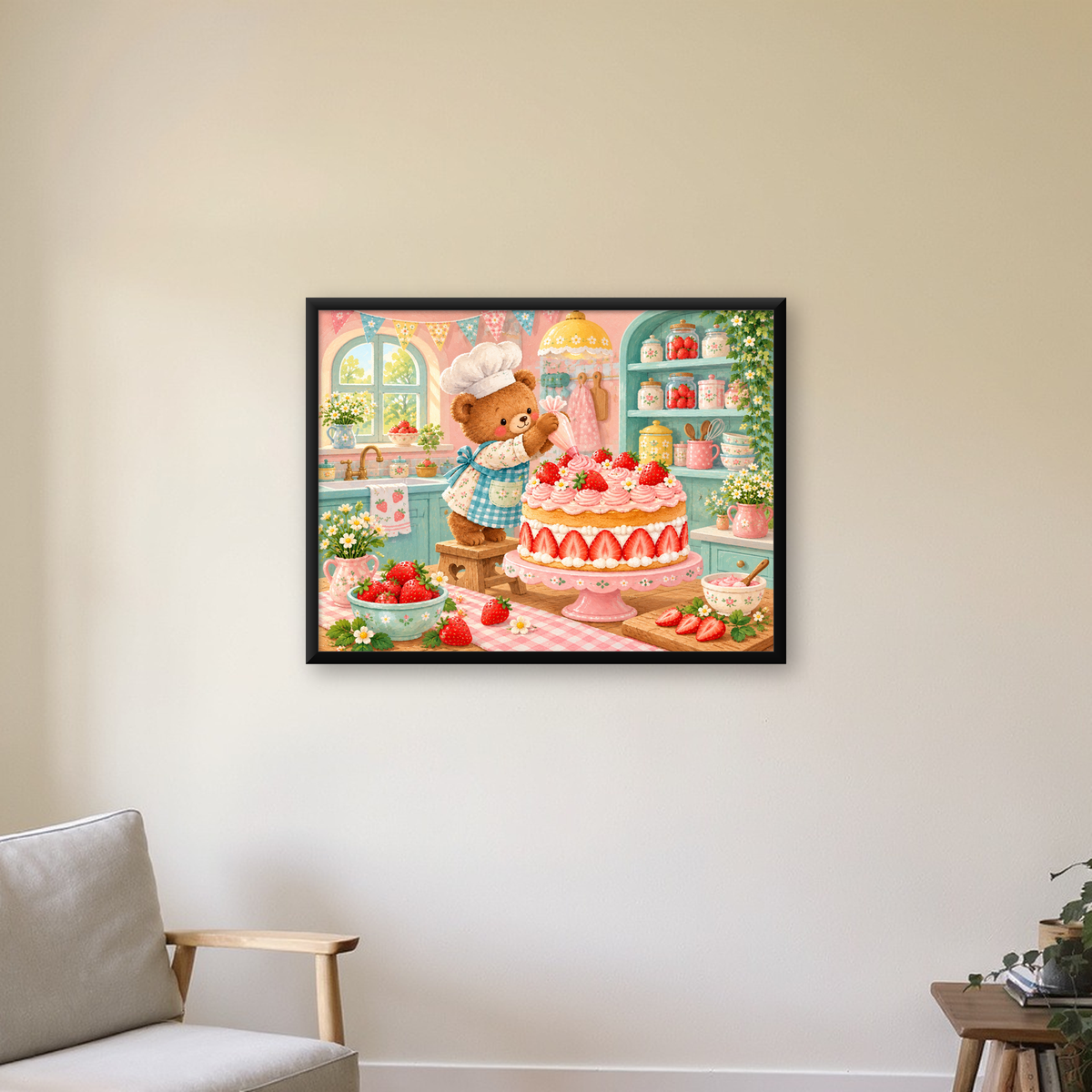 Sevimli Ayıcık ve Çilekli Pasta Vintage Poster Duvar Dekoru — Yatay baskı, çerçeveli hâliyle bir ev duvarında