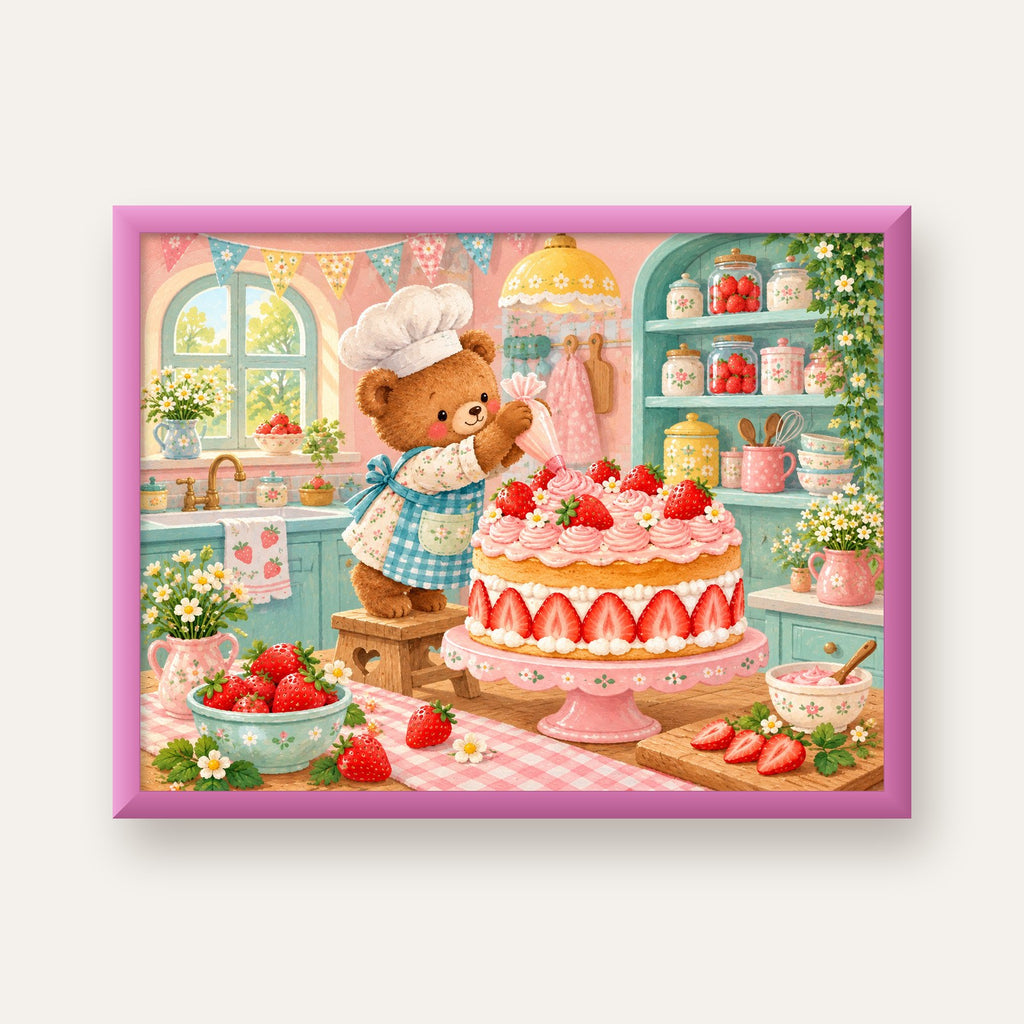 Sevimli Ayıcık ve Çilekli Pasta Vintage Poster Duvar Dekoru — pembe çerçeveli