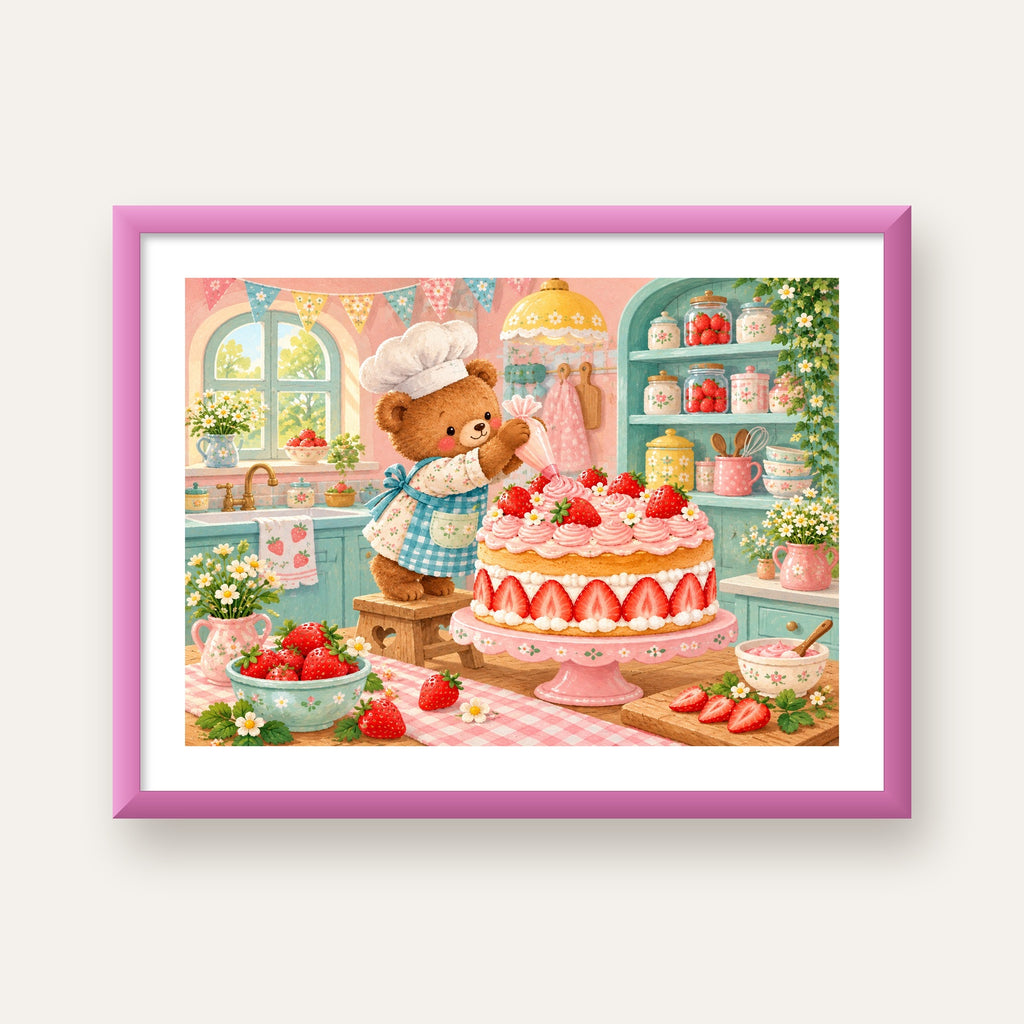 Sevimli Ayıcık ve Çilekli Pasta Vintage Poster Duvar Dekoru — pembe çerçeveli paspartulu