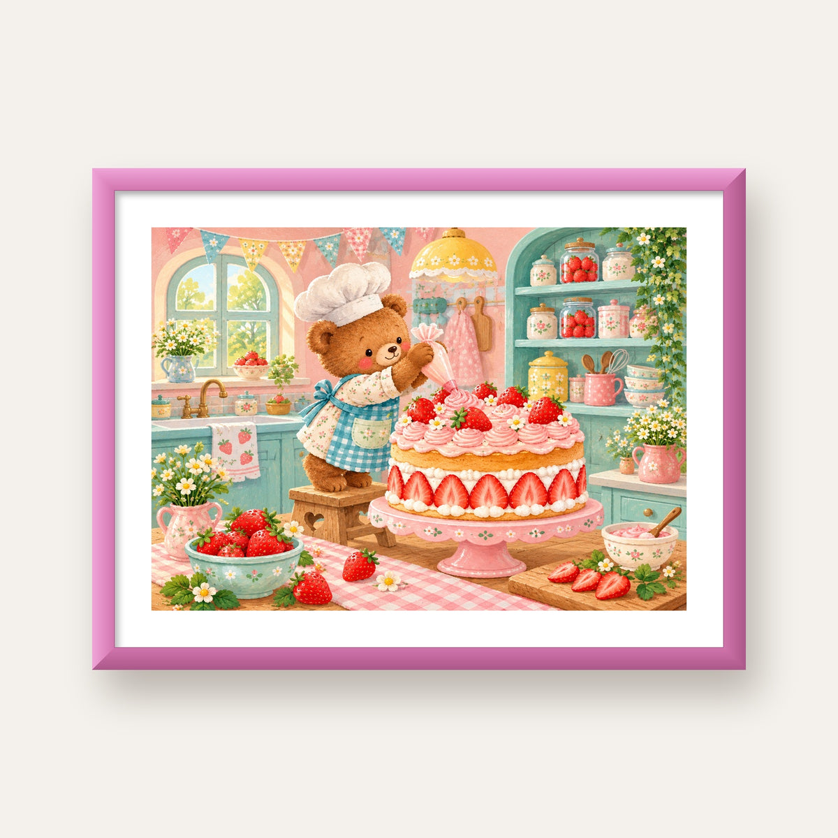 Sevimli Ayıcık ve Çilekli Pasta Vintage Poster Duvar Dekoru — pembe çerçeveli paspartulu