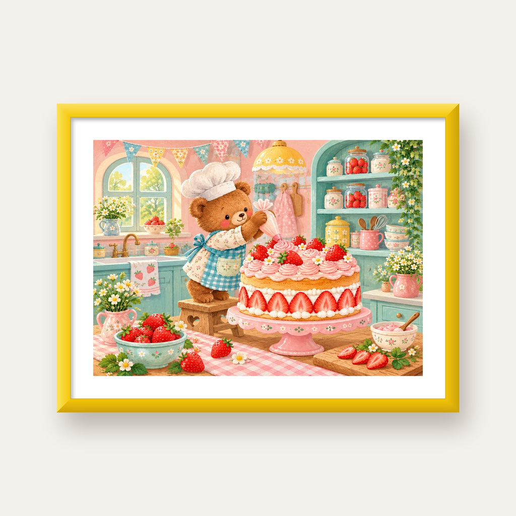 Sevimli Ayıcık ve Çilekli Pasta Vintage Poster Duvar Dekoru — sarı çerçeveli paspartulu