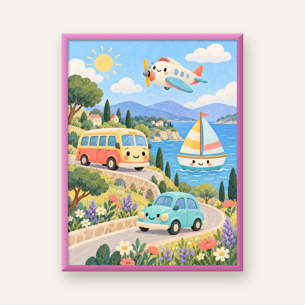 Sevimli Ulaşım Araçları Manzarası Çizgi Film Poster — pembe çerçeveli