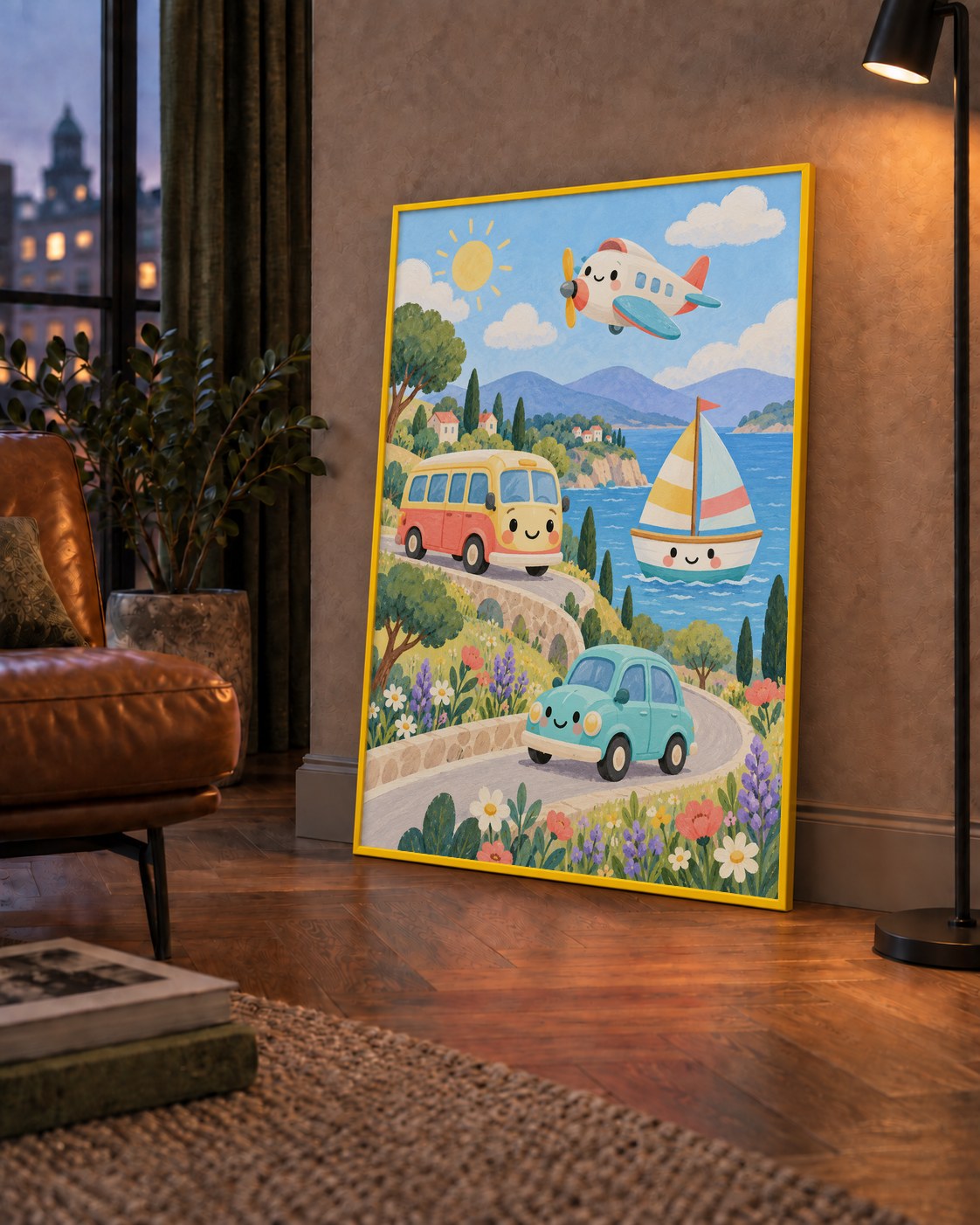 Sevimli Ulaşım Araçları Manzarası Çizgi Film Poster