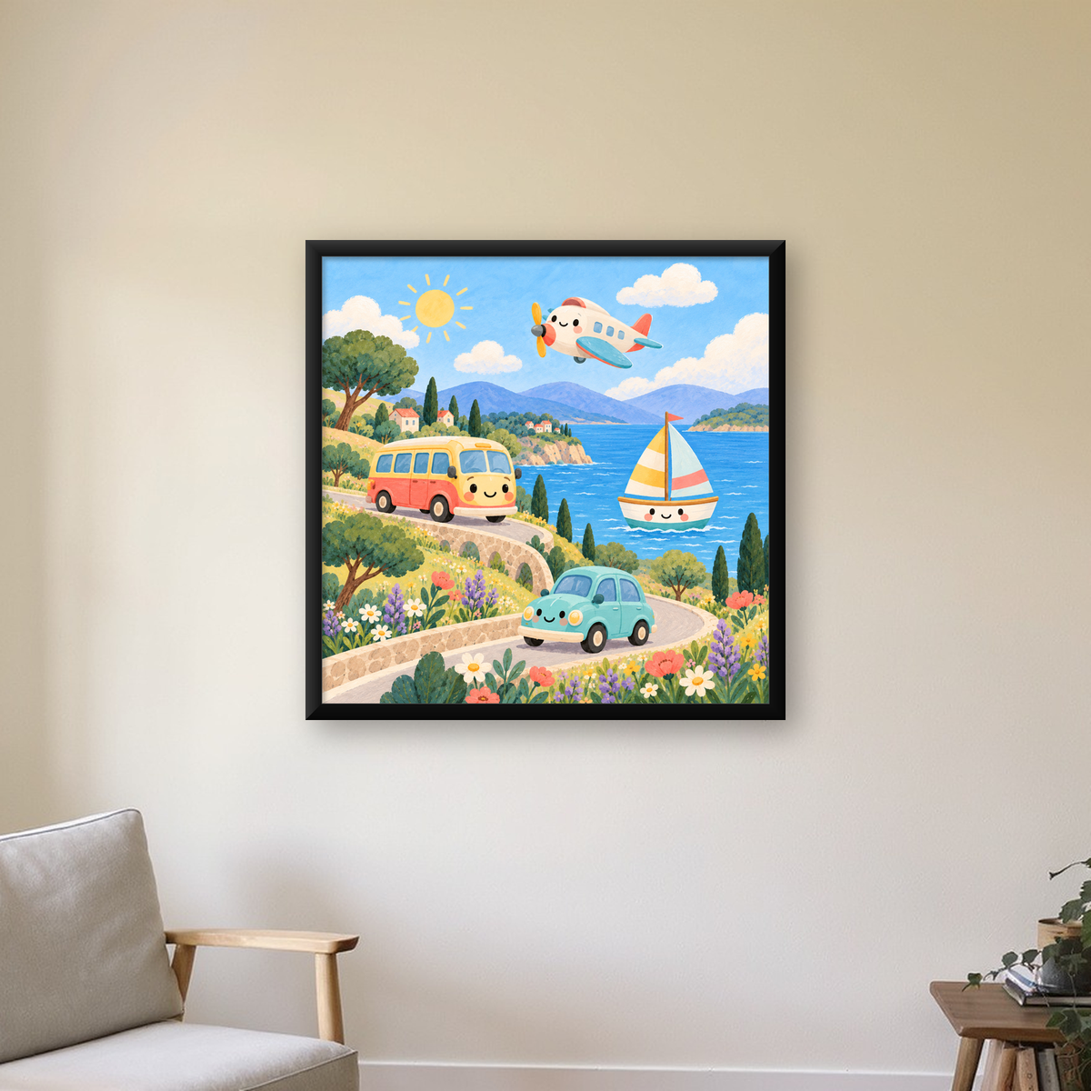 Sevimli Ulaşım Araçları Manzarası Çizgi Film Poster — Kare baskı, çerçeveli hâliyle bir ev duvarında