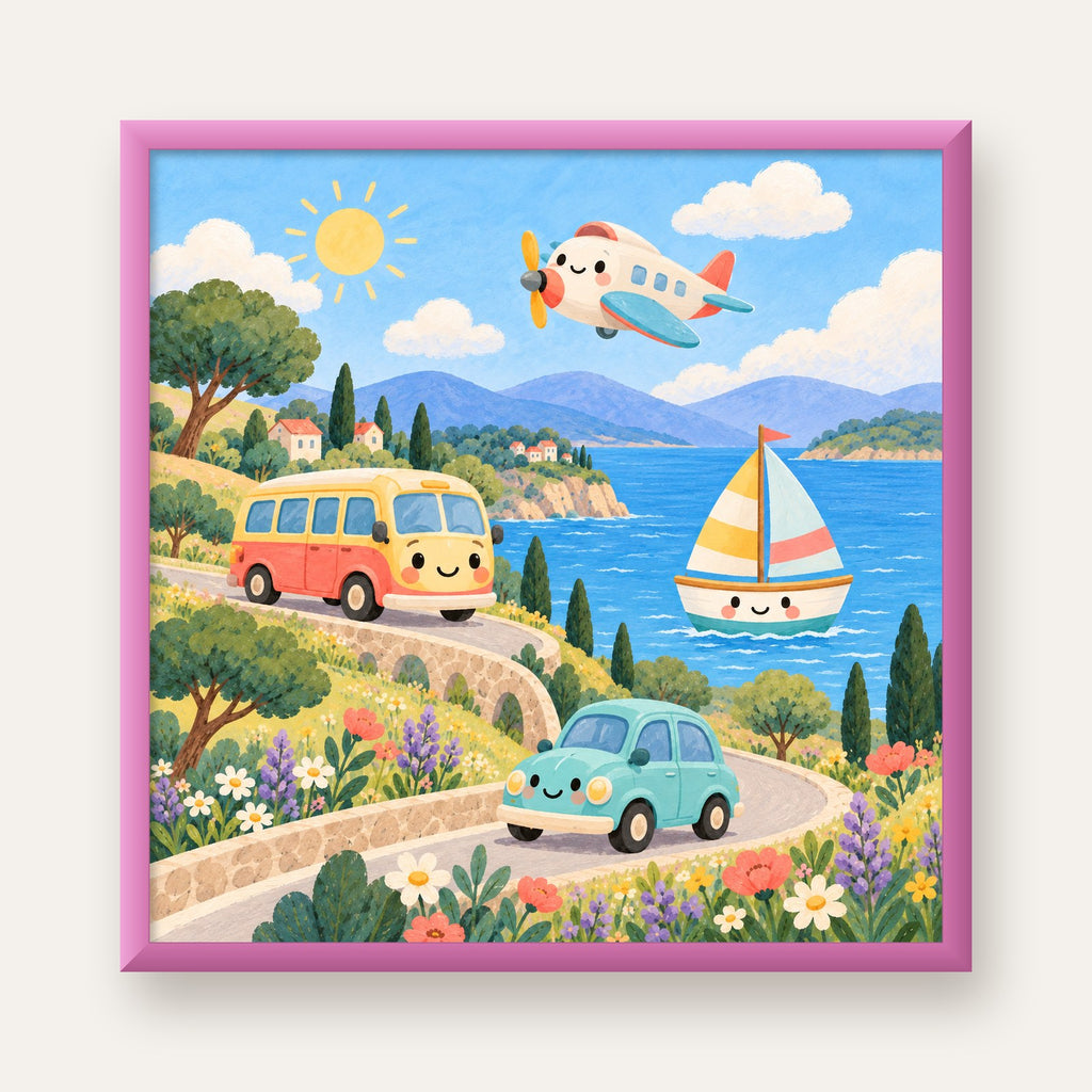 Sevimli Ulaşım Araçları Manzarası Çizgi Film Poster — pembe çerçeveli