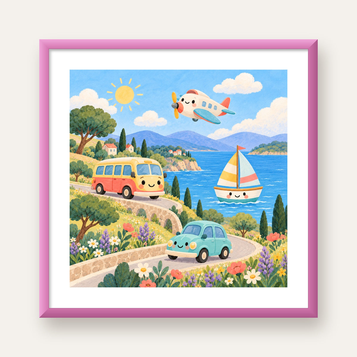 Sevimli Ulaşım Araçları Manzarası Çizgi Film Poster — pembe çerçeveli paspartulu