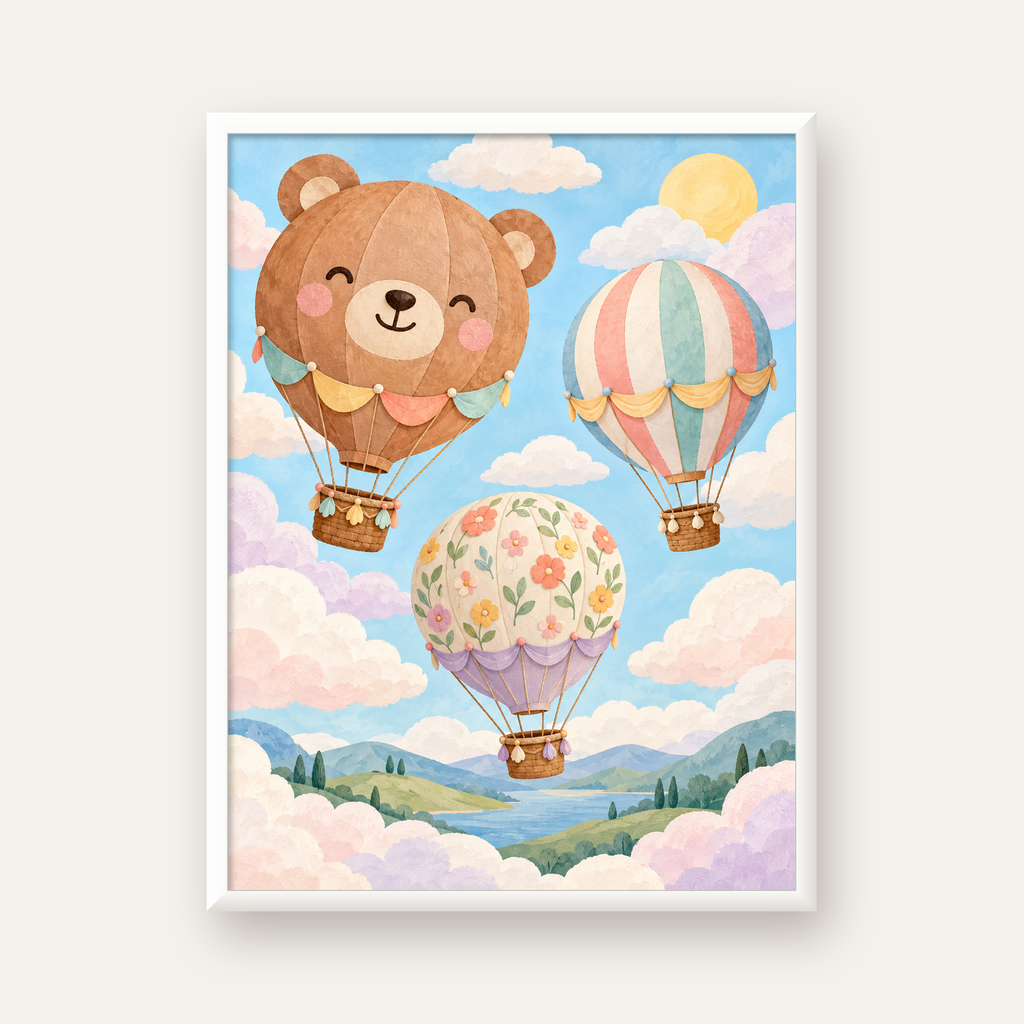 Çizimli Renkli Balonlar ve Manzara Çocuk Odası Posteri — beyaz çerçeveli dikey poster