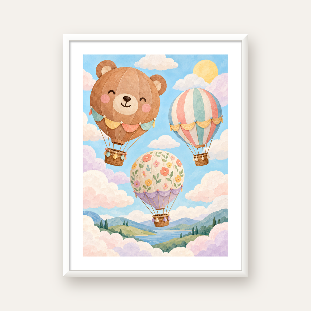 Çizimli Renkli Balonlar ve Manzara Çocuk Odası Posteri — beyaz çerçeveli dikey poster