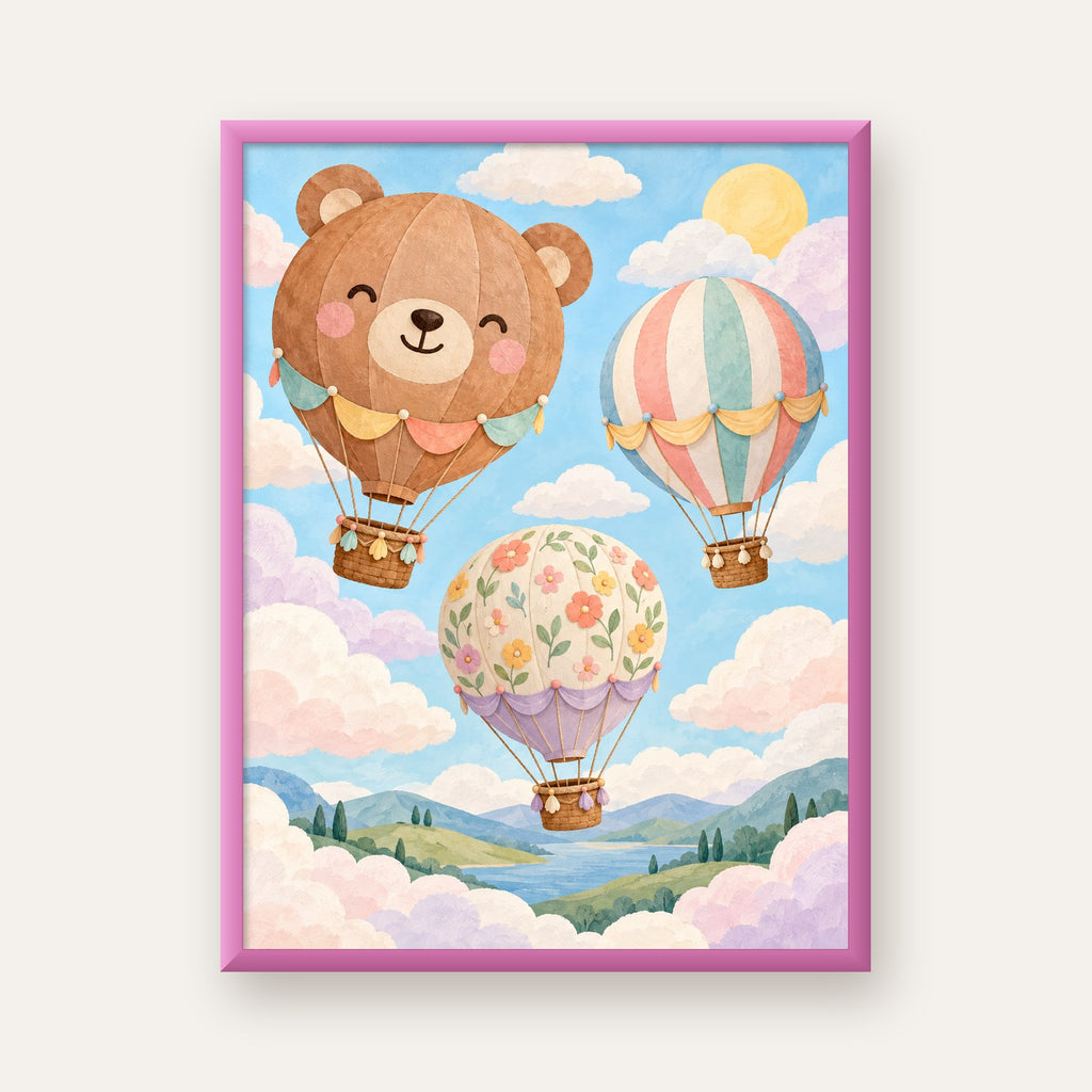 Çizimli Renkli Balonlar ve Manzara Çocuk Odası Posteri — pembe çerçeveli